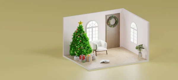 Isometric room merry christmas themes event with house decoration. 3d rendering.