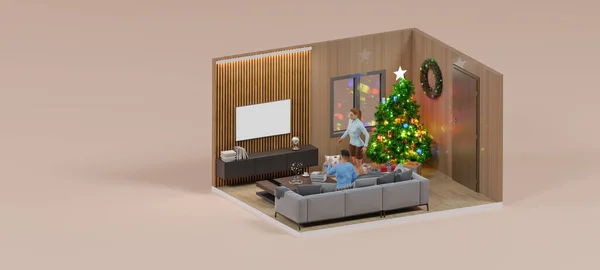 Izometrikus Szoba Boldog Karácsonyt Téma Esemény Pár Ház Dekoráció Renderelés — Stock Fotó