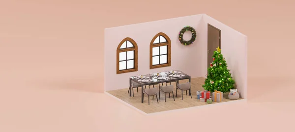 Isometric room merry christmas themes event with house decoration. 3d rendering.