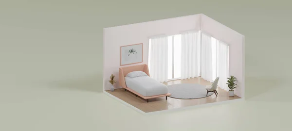 Isometrische Realistisch Schlafzimmer Und Wohnzimmer Offen Inneren Innenarchitektur Rendering — Stockfoto