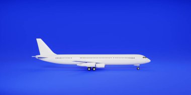 view side Airplane on blue background. 3d rendering