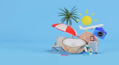 Beach chair, coconut tree, blue swimming ring, suitcase, plane, blue camera and sun set on blue background in summer theme.3d rendering