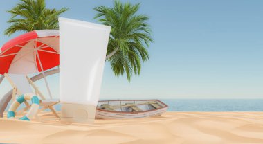 Sunscreen mockup lying on the beach with a coconut tree float set.3d rendering.