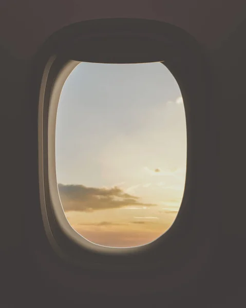 sunset sky outside window plane, gray airplane window, plain aircraft window, 3d rendering.