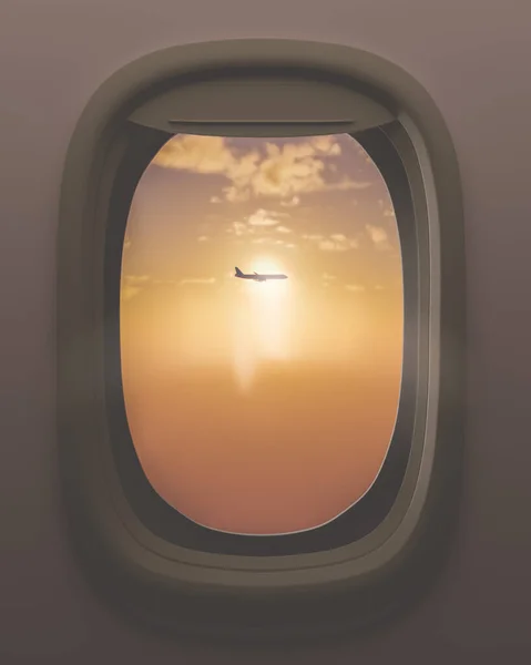 airplane on sunset sky outside window plane, gray airplane window, plain aircraft window, 3d rendering.