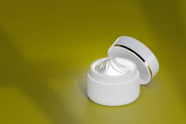 3d rendering view isomatric cream Cosmetics placed on a green colored background with beautiful shadows.