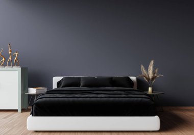 3d rendering A bedroom with a white bed, black bed linens placed on a wooden floor with a white blank wall gives a light and comfortable feeling.