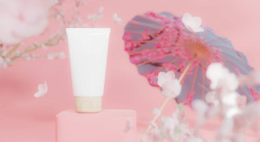 3d rendering A foam tube cosmetic mockup with a Japanese pink theme with cherry blossoms floating around the product.