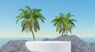 3d rendering A white cylindrical podium decorated with coconut palms sits on a rock against the backdrop of the sea and sky.