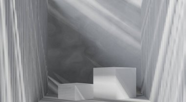 3d rendering A white cylindrical podium is decorated with a geometric wall in the style of a trade show platform on a Siemens background.