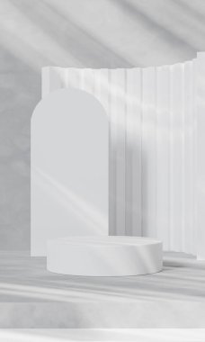 3d rendering A white cylindrical podium is decorated with a geometric wall in the style of a trade show platform on a Siemens background.