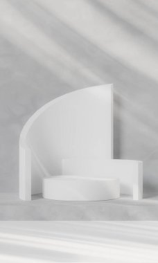 3d rendering A white cylindrical podium is decorated with a geometric wall in the style of a trade show platform on a Siemens background.