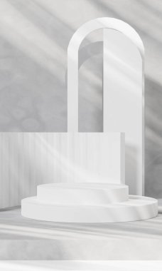 3d rendering A white cylindrical podium is decorated with a geometric wall in the style of a trade show platform on a Siemens background.