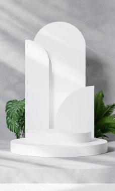3d rendering A white cylindrical podium is adorned with a geometric wall in the style of a trade show platform and features plants on a Siemens background.