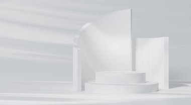 3d rendering  A white cylindrical podium is decorated with a geometric wall in the form of a showcase platform on a white background.
