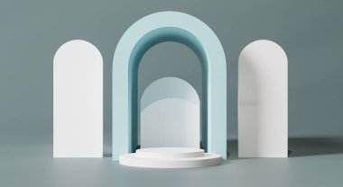 3d rendering A cylindrical podium rests in the middle of a green tunnel.Podium platform for product presentation, cosmetics. Pedestal mockup. Front view. Minimal concept.