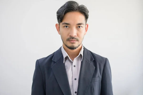 Portrait Handsome Asian Man Beard Gray Shirt Suit Making Straight — Stock Photo, Image
