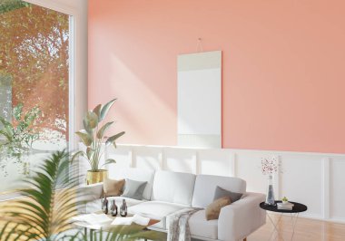 Dışarıdan gelen ışık odanın duvarındaki çerçeveye ve içerideki kanepeye çarptı. Sıcak bir atmosfer oluşturun..