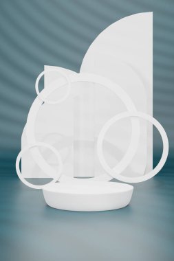 3d görüntüleme Bir beyaz silindirik podyum bir renk arkaplan üzerinde bir vitrin platformu biçiminde geometrik bir duvar ile dekore edilir.