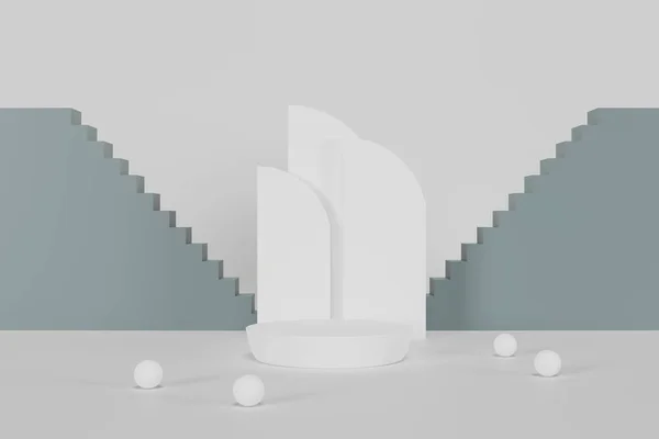 Рендеринга Білий Циліндричний Подіум Прикрашений Геометричною Стіною Вигляді Вітринної Платформи — стокове фото