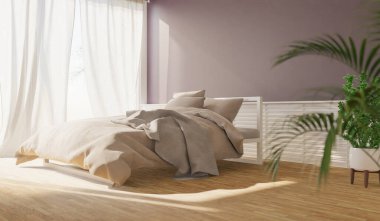 Yatak odasının duvarları pencerelerden yansıyor. Dışarıdaki ağaçlar sıcak bir atmosfer sağlıyor. 3d oluşturma.