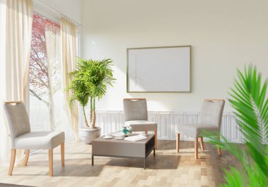 Dışarıdan gelen ışık odanın duvarındaki çerçeveye ve içerideki kanepeye çarptı. Sıcak bir atmosfer oluşturun..