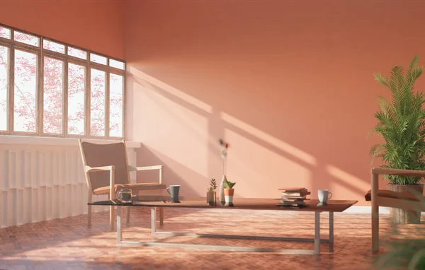 外からの光が部屋の壁と椅子とコーヒーテーブルを襲った 暖かい雰囲気を与えます 3Dレンダリング — ストック写真