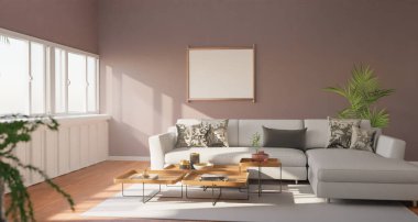 Dışarıdan gelen ışık odanın duvarındaki çerçeveye ve içerideki kanepeye çarptı. Sıcak bir atmosfer oluşturun..