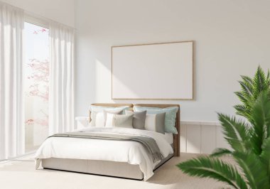 Resim çerçeveleri yatak odasının duvarlarında asılı. Işıklar büyük cam kapılar ve perdelerden yansıyor. Dışarıdaki ağaçlar sıcak bir atmosfer sağlıyor. 3d oluşturma.