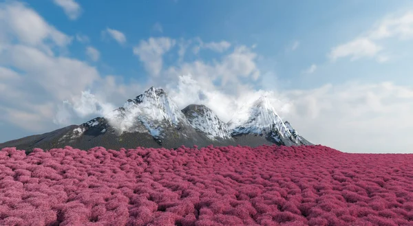 Der Scharfgeformte Berg Ist Von Einem Dichten Rosafarbenen Wald Mit — Stockfoto