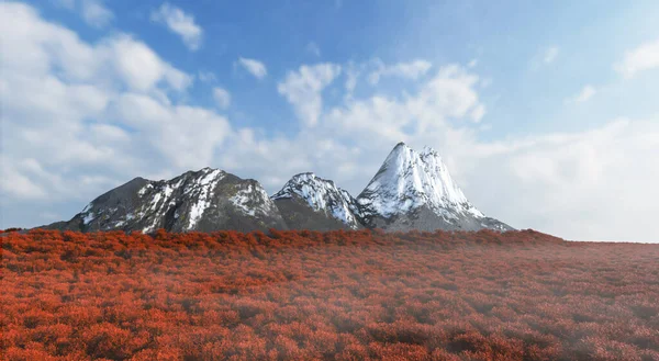 stock image The sharp-shaped mountain is surrounded by a dense forest of lush trees with a backdrop of the sky and clouds. 3d rendering.