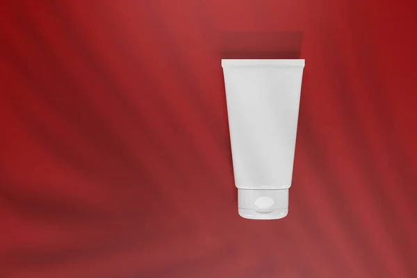 Mockup foam facial cleanser in white is displayed on a red background for advertising purposes, 3D rendering
