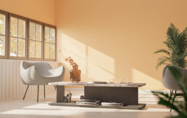 Dışarıdan gelen ışık odanın duvarına çarpmış ve içerideki sandalyeler ve kahve masası. Sıcak bir atmosfer oluşturun..