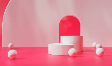 Renkli pastel arka planı ve ağaç veya yaprak standı olan podyum reklam ekranında. 3B görüntüleme.