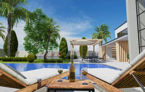 real estate luxury exterior design pool villa with interior design living room home, house ,sun bed.3d rendering.