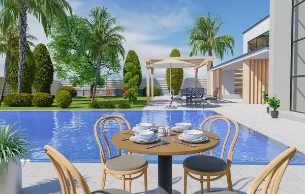 real estate luxury exterior design pool villa with interior design living room home, house ,sun bed.3d rendering.