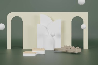 Ürün vitrini, podyum ve kanepe setini tamamlayan geometrik şekiller tarafından geliştirilmiştir..