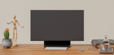 Masa, ekran monitörü, klavye, fare, kahve, kitaplar, kalemler ve dekorasyonlar masaya yerleştirilir. 3d oluşturma.