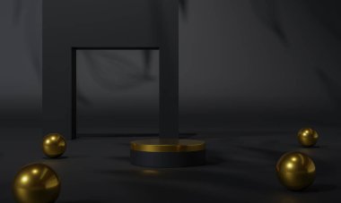 Siyah podyum ve siyah arkaplan standı ya da podyum reklamları ışık yayıyor. 3B görüntüleme.