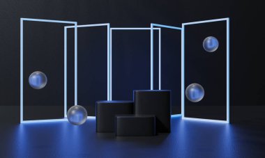 Siyah podyum ve siyah arkaplan standı ya da podyum reklamları ışık yayıyor. 3B görüntüleme.