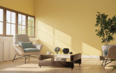 Dışarıdan gelen ışık odanın duvarına çarpmış ve içerideki sandalyeler ve kahve masası. Sıcak bir atmosfer oluşturun..