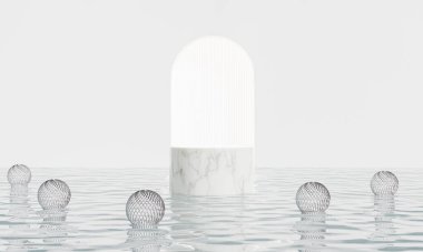 Renkli arka plan standı olan podyum ya da reklam ekranında podyum kaidesi. 3B görüntüleme.