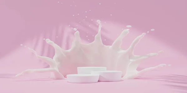 Liquido Acqua Latte Spruzzando Nel Podio Bianco Isolato Fondo Bianco — Foto Stock