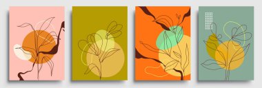 İçinde bitki, çiçek ve soyut şekiller olan posterler, modern grafik tasarımı. Sosyal medya, poster, kapak, davetiye ve broşür için mükemmel. Vektör