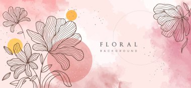 Suluboya vektör arka planda bahar çiçekleri. Soyut suluboya sanat geçmişi, çizgi sanatı. Duvar dekorasyonu ve baskılar için uygun zarif altın çiçekleri çizimi.