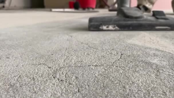 Construction Works Builder Removes Dust Small Debris Surface Cement Sand — Wideo stockowe