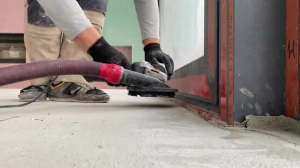 Construction Works Grinding Concrete Floor Cement Sand Screed Eliminate Irregularities — Vídeos de Stock