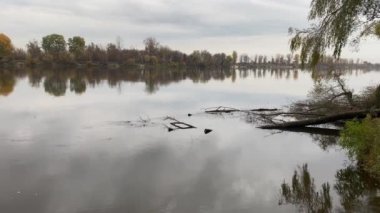Footage shot in slow motion on the river in autumn. The flow of water on the background of nature