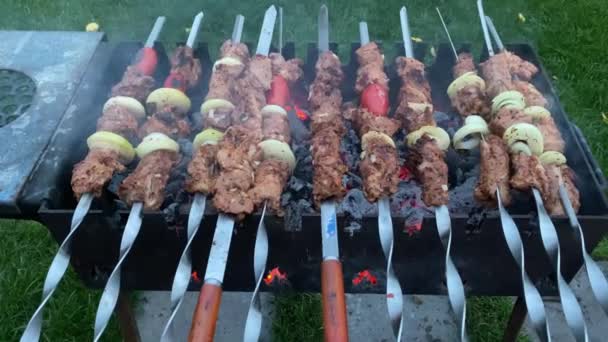 烤架上放洋葱烹调多汁小牛肉串的特写慢镜头 — 图库视频影像