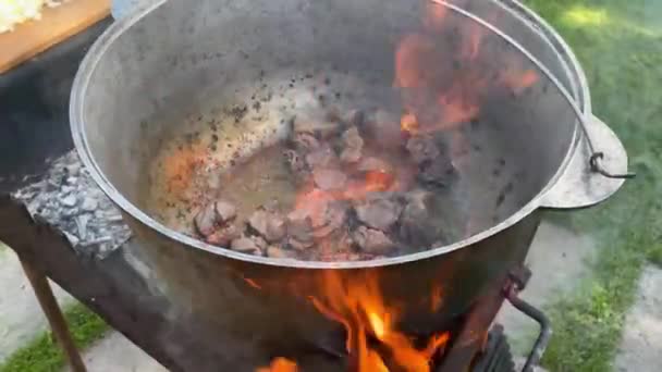 Process Cooking Traditional Uzbek Pilaf Close Footage Man Cooking Pilaf — Vídeos de Stock